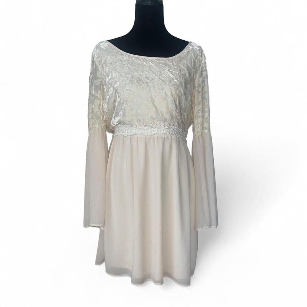 Vintage Flying Tomato Women's Cream Velvet Burnout Dress Flared Sleeves SZ L